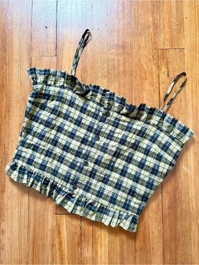 Ganni Seersucker Plaid Ruffle Crop Top XS 36